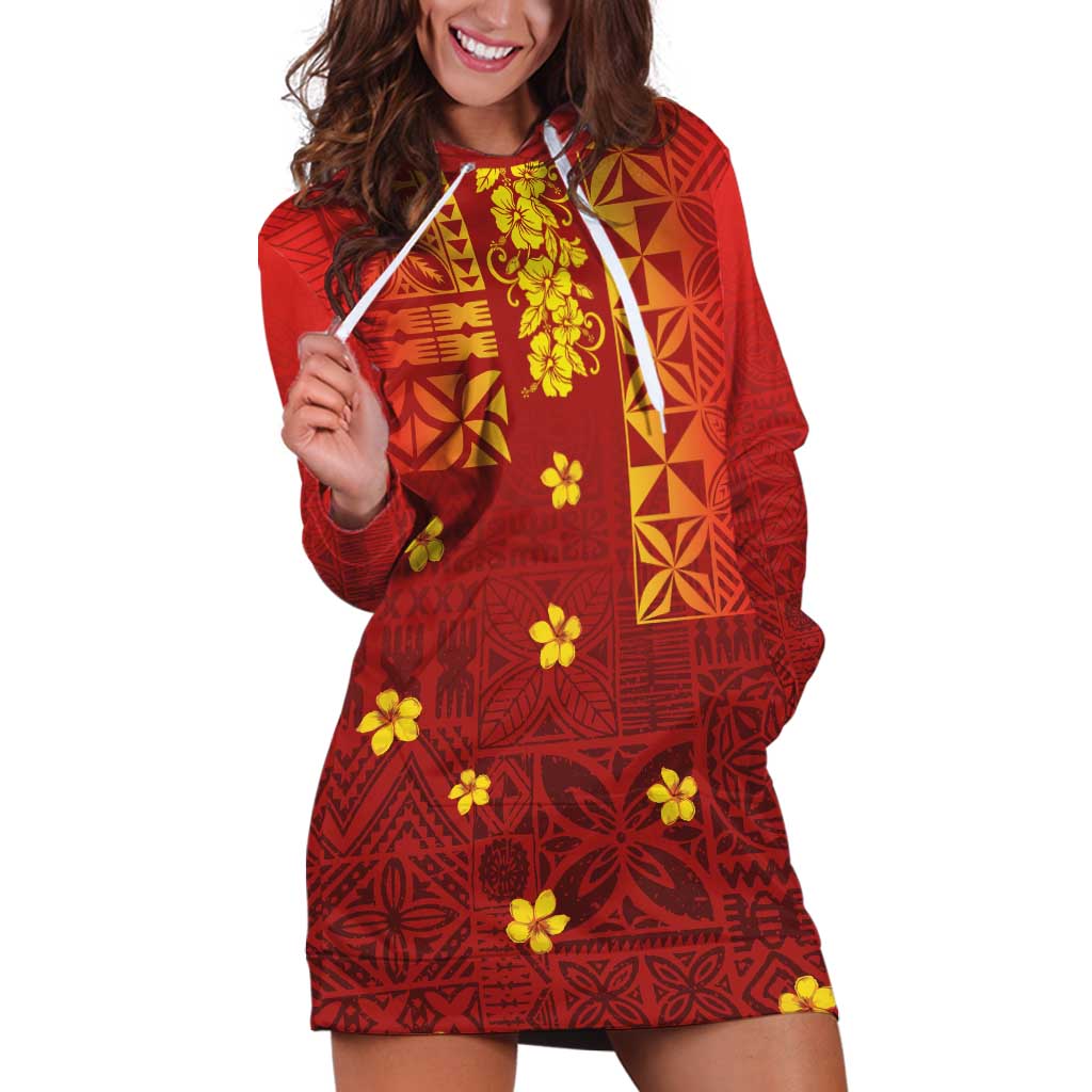 Samoa Tapa Pacific Tribal Pattern Hoodie Dress Hibiscus and Plumeria LT03 Red - Polynesian Pride