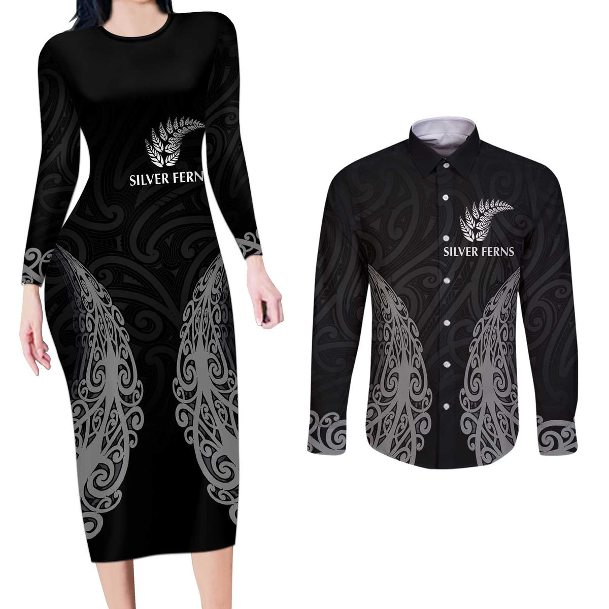 New Zealand Netball Couples Matching Long Sleeve Bodycon Dress and Long Sleeve Button Shirt Koru and Maori Tattoo Jersey LT03 Black - Polynesian Pride