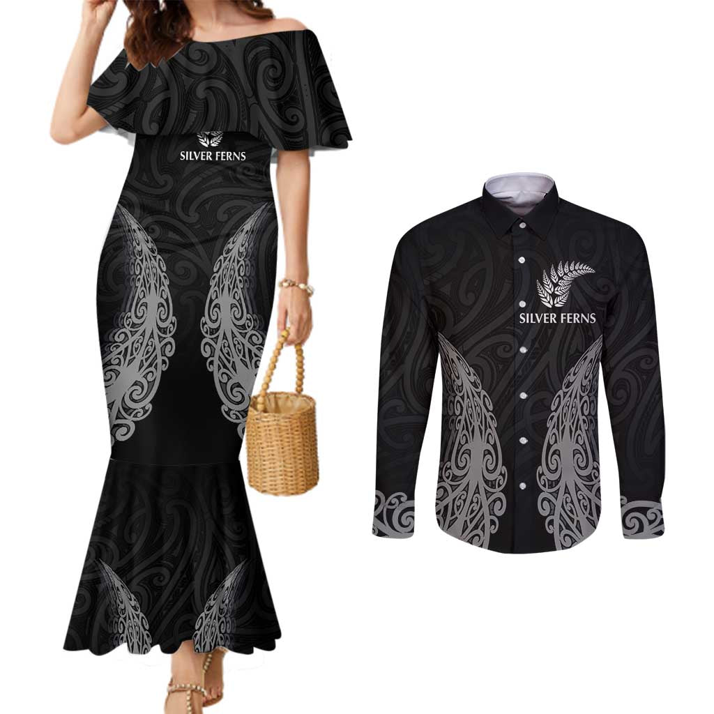 New Zealand Netball Couples Matching Mermaid Dress and Long Sleeve Button Shirt Koru and Maori Tattoo Jersey LT03 Black - Polynesian Pride