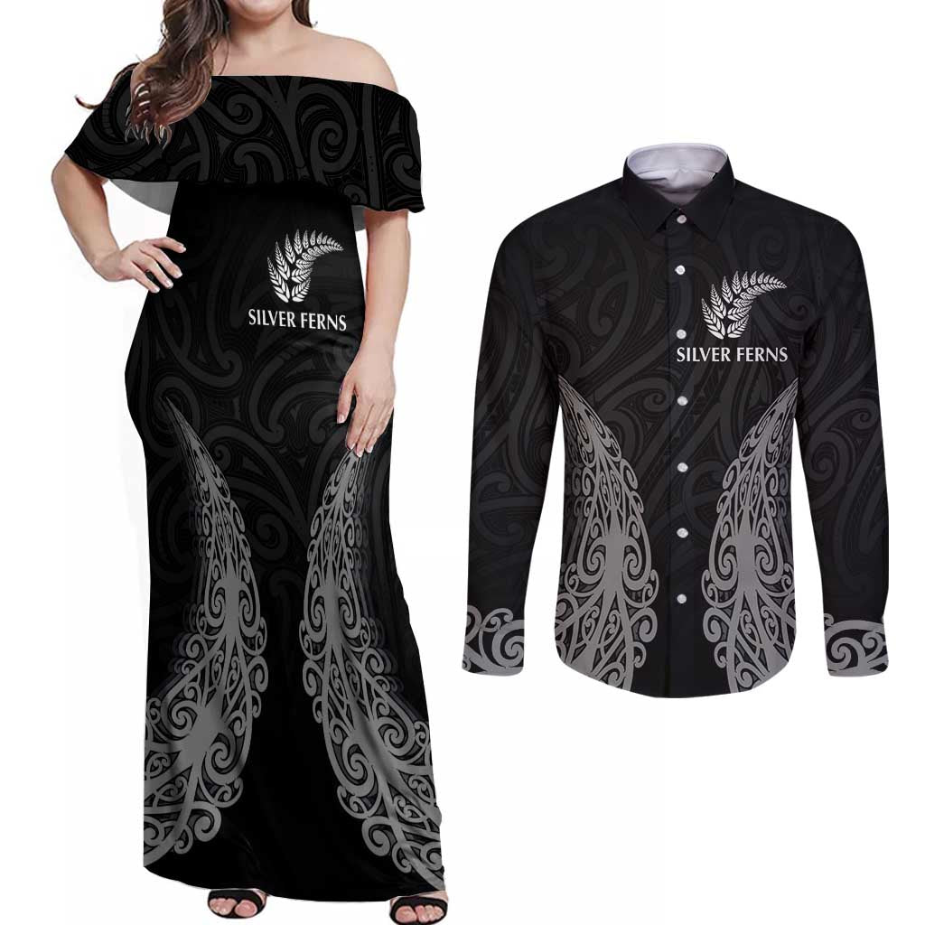 New Zealand Netball Couples Matching Off Shoulder Maxi Dress and Long Sleeve Button Shirt Koru and Maori Tattoo Jersey LT03 Black - Polynesian Pride