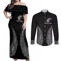 New Zealand Netball Couples Matching Off Shoulder Maxi Dress and Long Sleeve Button Shirt Koru and Maori Tattoo Jersey LT03 Black - Polynesian Pride