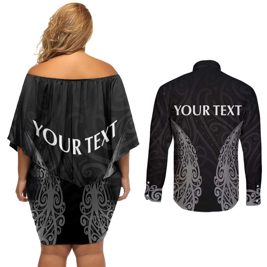 New Zealand Netball Couples Matching Off Shoulder Short Dress and Long Sleeve Button Shirt Koru and Maori Tattoo Jersey LT03 - Polynesian Pride