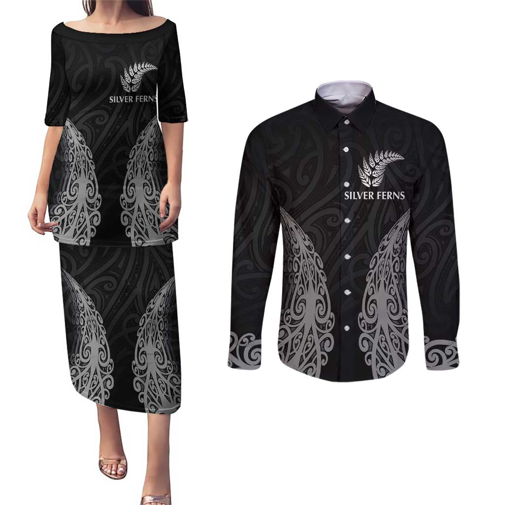 New Zealand Netball Couples Matching Puletasi and Long Sleeve Button Shirt Koru and Maori Tattoo Jersey LT03 Black - Polynesian Pride