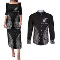 New Zealand Netball Couples Matching Puletasi and Long Sleeve Button Shirt Koru and Maori Tattoo Jersey LT03 Black - Polynesian Pride