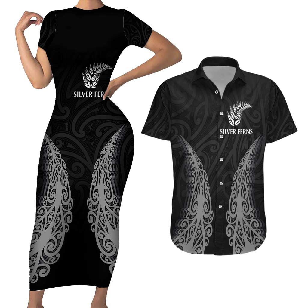 New Zealand Netball Couples Matching Short Sleeve Bodycon Dress and Hawaiian Shirt Koru and Maori Tattoo Jersey LT03 Black - Polynesian Pride