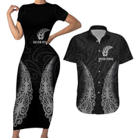 New Zealand Netball Couples Matching Short Sleeve Bodycon Dress and Hawaiian Shirt Koru and Maori Tattoo Jersey LT03 Black - Polynesian Pride