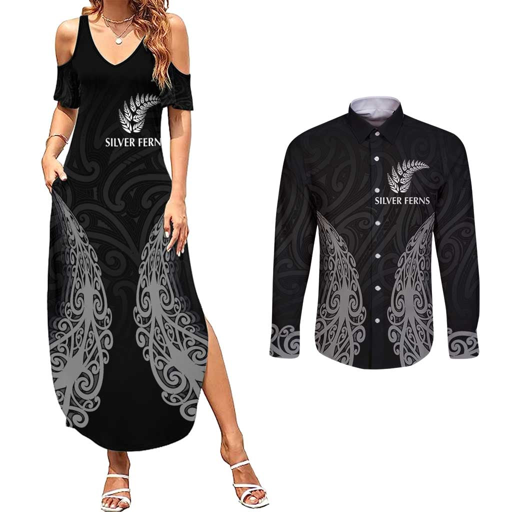 New Zealand Netball Couples Matching Summer Maxi Dress and Long Sleeve Button Shirt Koru and Maori Tattoo Jersey LT03 Black - Polynesian Pride