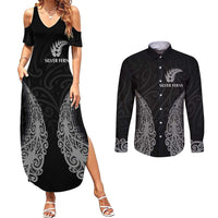 New Zealand Netball Couples Matching Summer Maxi Dress and Long Sleeve Button Shirt Koru and Maori Tattoo Jersey LT03 Black - Polynesian Pride