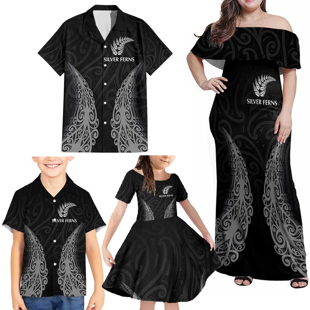 New Zealand Netball Family Matching Off Shoulder Maxi Dress and Hawaiian Shirt Koru and Maori Tattoo Jersey LT03 - Polynesian Pride