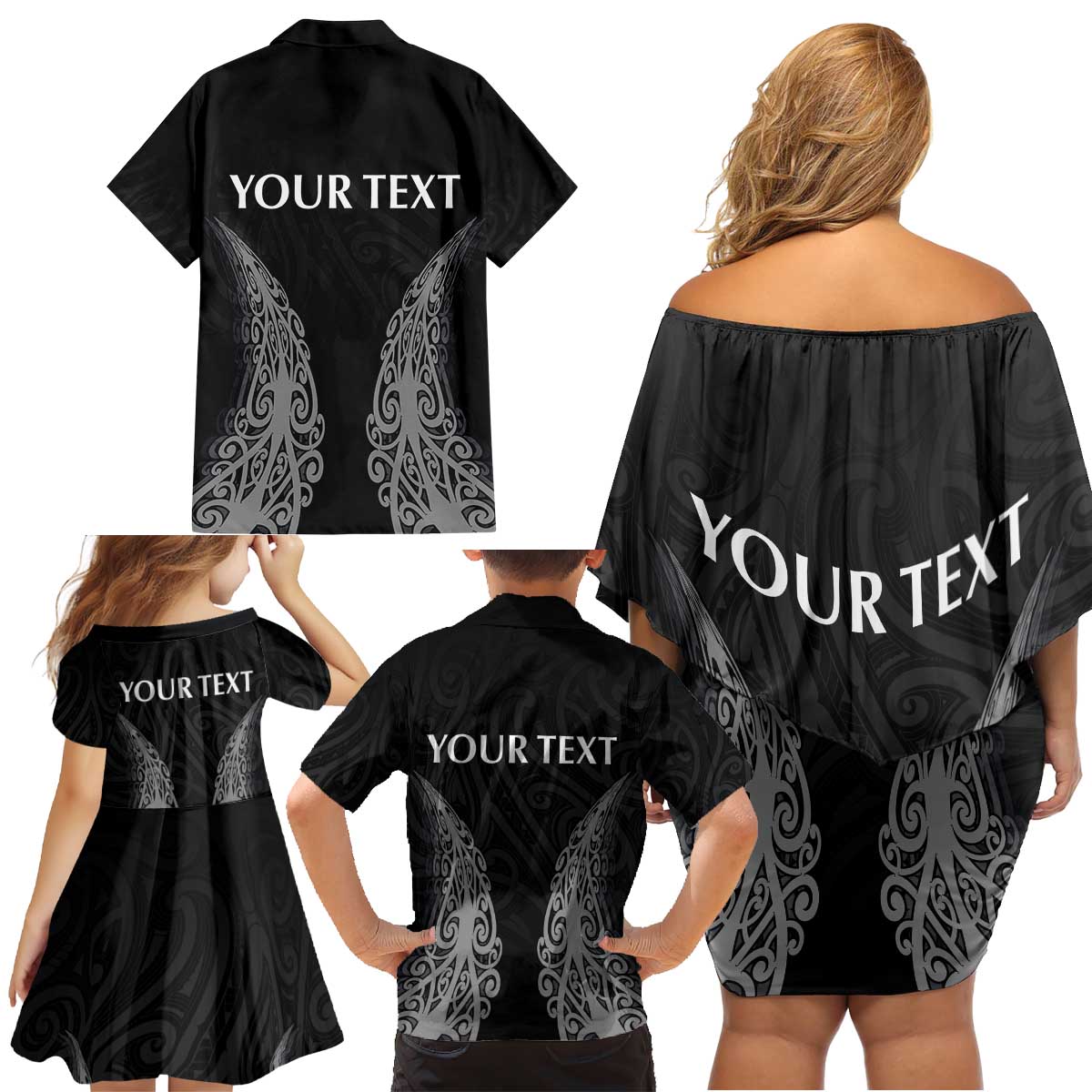 New Zealand Netball Family Matching Off Shoulder Short Dress and Hawaiian Shirt Koru and Maori Tattoo Jersey LT03 - Polynesian Pride