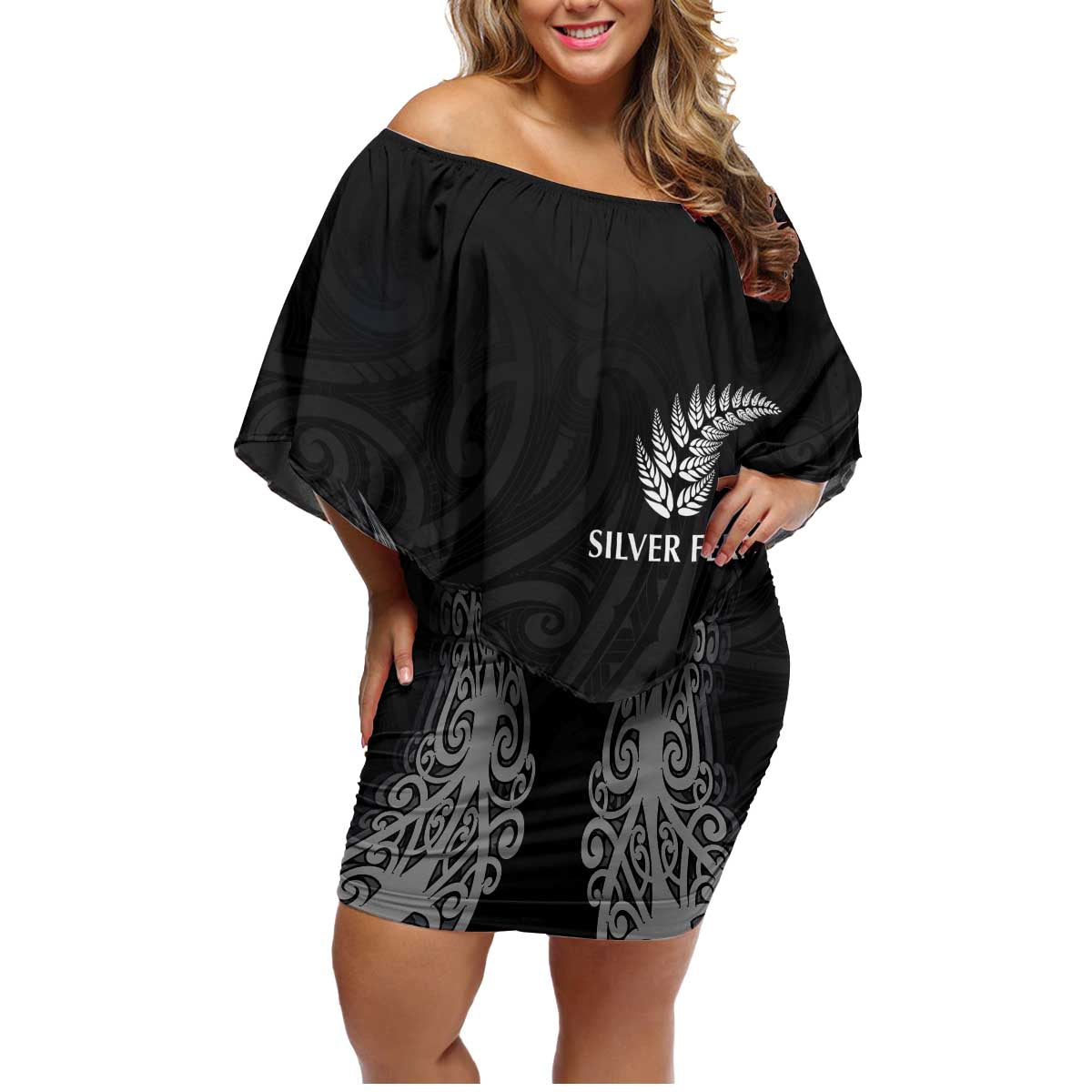 New Zealand Netball Family Matching Off Shoulder Short Dress and Hawaiian Shirt Koru and Maori Tattoo Jersey LT03 Mom's Dress Black - Polynesian Pride