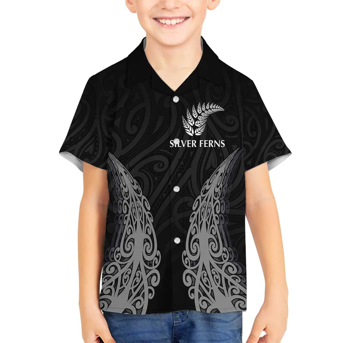 New Zealand Netball Family Matching Puletasi and Hawaiian Shirt Koru and Maori Tattoo Jersey LT03 Son's Shirt Black - Polynesian Pride