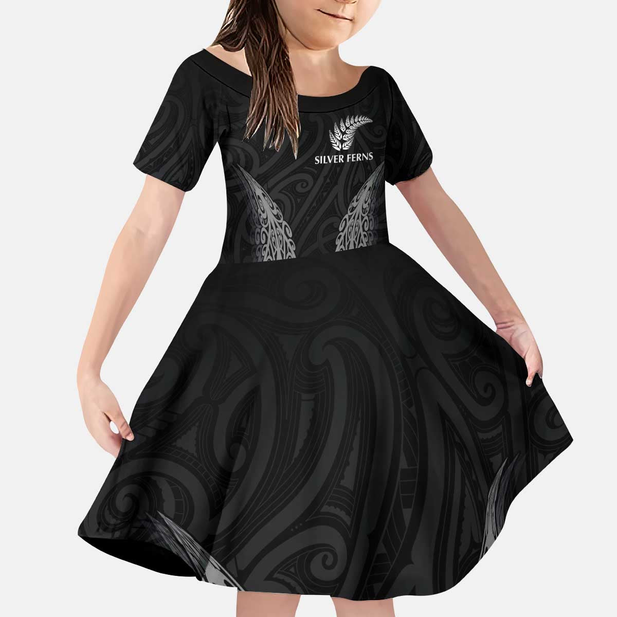New Zealand Netball Kid Short Sleeve Dress Koru and Maori Tattoo Jersey LT03 KID Black - Polynesian Pride