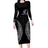 New Zealand Netball Long Sleeve Bodycon Dress Koru and Maori Tattoo Jersey LT03 Long Dress Black - Polynesian Pride
