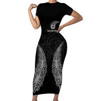 New Zealand Netball Short Sleeve Bodycon Dress Koru and Maori Tattoo Jersey LT03 Long Dress Black - Polynesian Pride