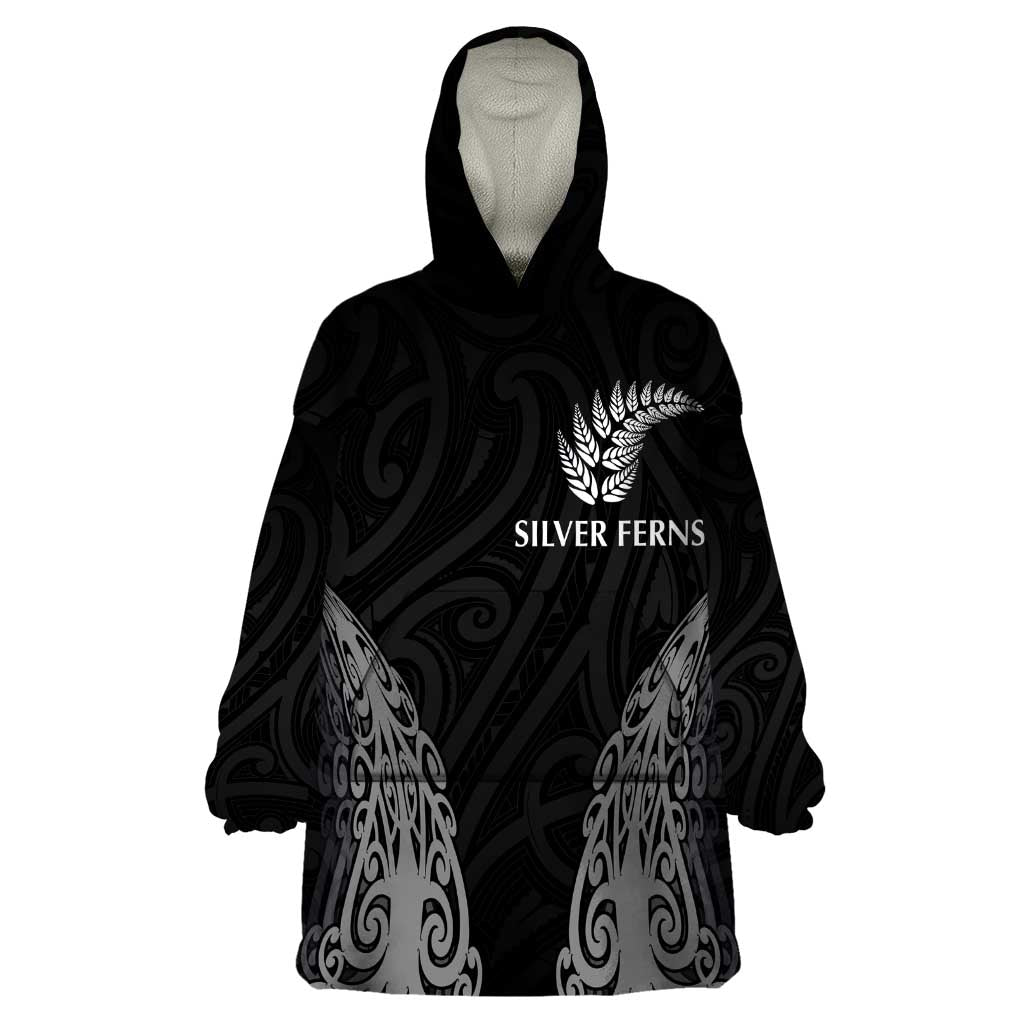 New Zealand Netball Wearable Blanket Hoodie Koru and Maori Tattoo Jersey LT03 One Size Black - Polynesian Pride
