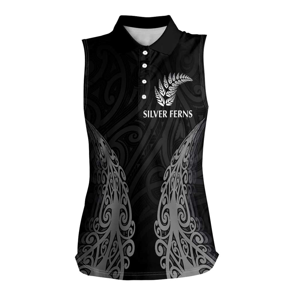 New Zealand Netball Women Sleeveless Polo Shirt Koru and Maori Tattoo Jersey LT03 Female Black - Polynesian Pride