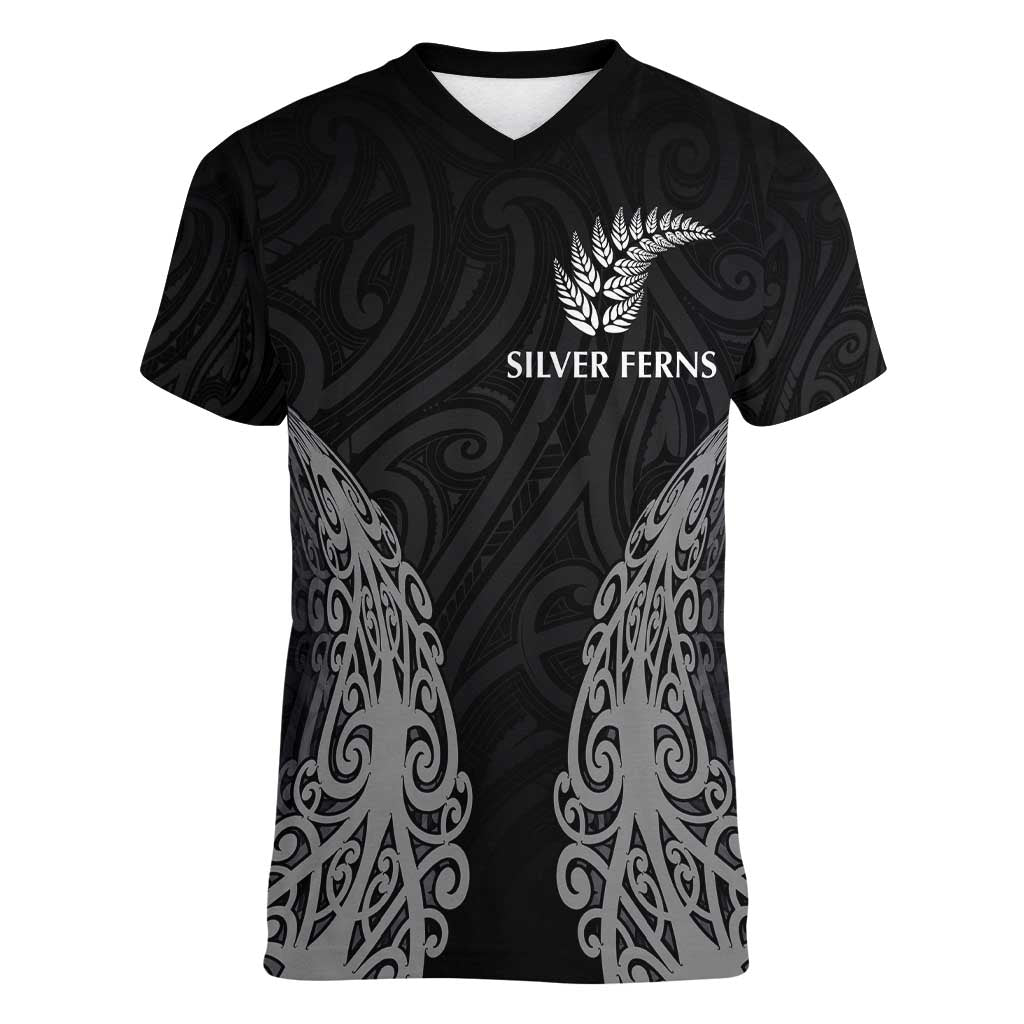 New Zealand Netball Women V-Neck T-Shirt Koru and Maori Tattoo Jersey LT03 Female Black - Polynesian Pride
