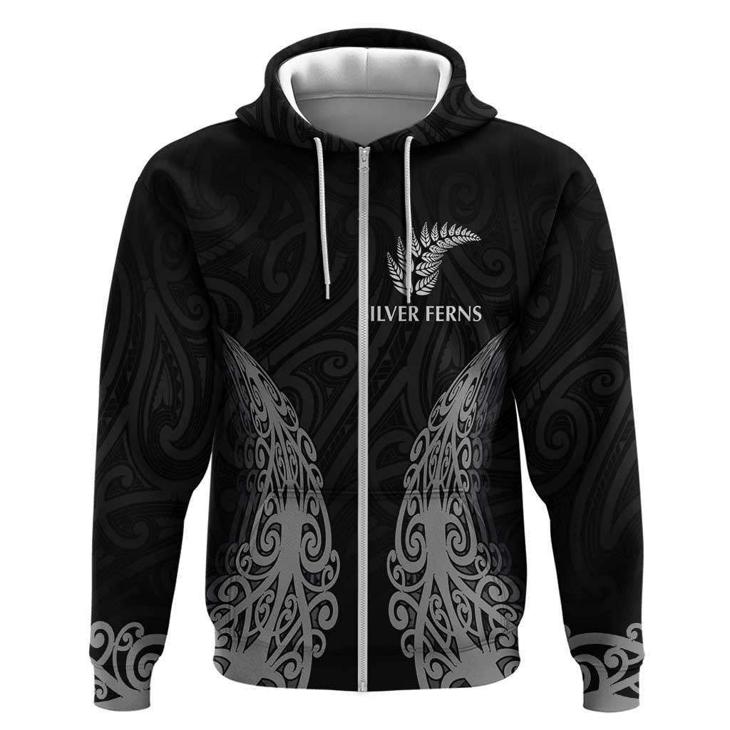 New Zealand Netball Zip Hoodie Koru and Maori Tattoo Jersey LT03 Zip Hoodie Black - Polynesian Pride