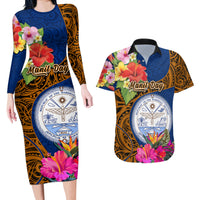 Personalised Marshall Islands Manit Day Couples Matching Long Sleeve Bodycon Dress and Hawaiian Shirt Marshall Seal Mix Hibiscus Flower Maori Pattern Style LT03 Blue - Polynesian Pride