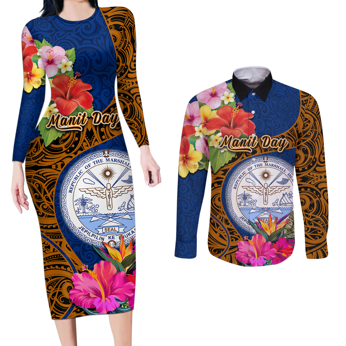 Personalised Marshall Islands Manit Day Couples Matching Long Sleeve Bodycon Dress and Long Sleeve Button Shirts Marshall Seal Mix Hibiscus Flower Maori Pattern Style LT03 Blue - Polynesian Pride