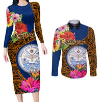 Personalised Marshall Islands Manit Day Couples Matching Long Sleeve Bodycon Dress and Long Sleeve Button Shirts Marshall Seal Mix Hibiscus Flower Maori Pattern Style LT03 Blue - Polynesian Pride