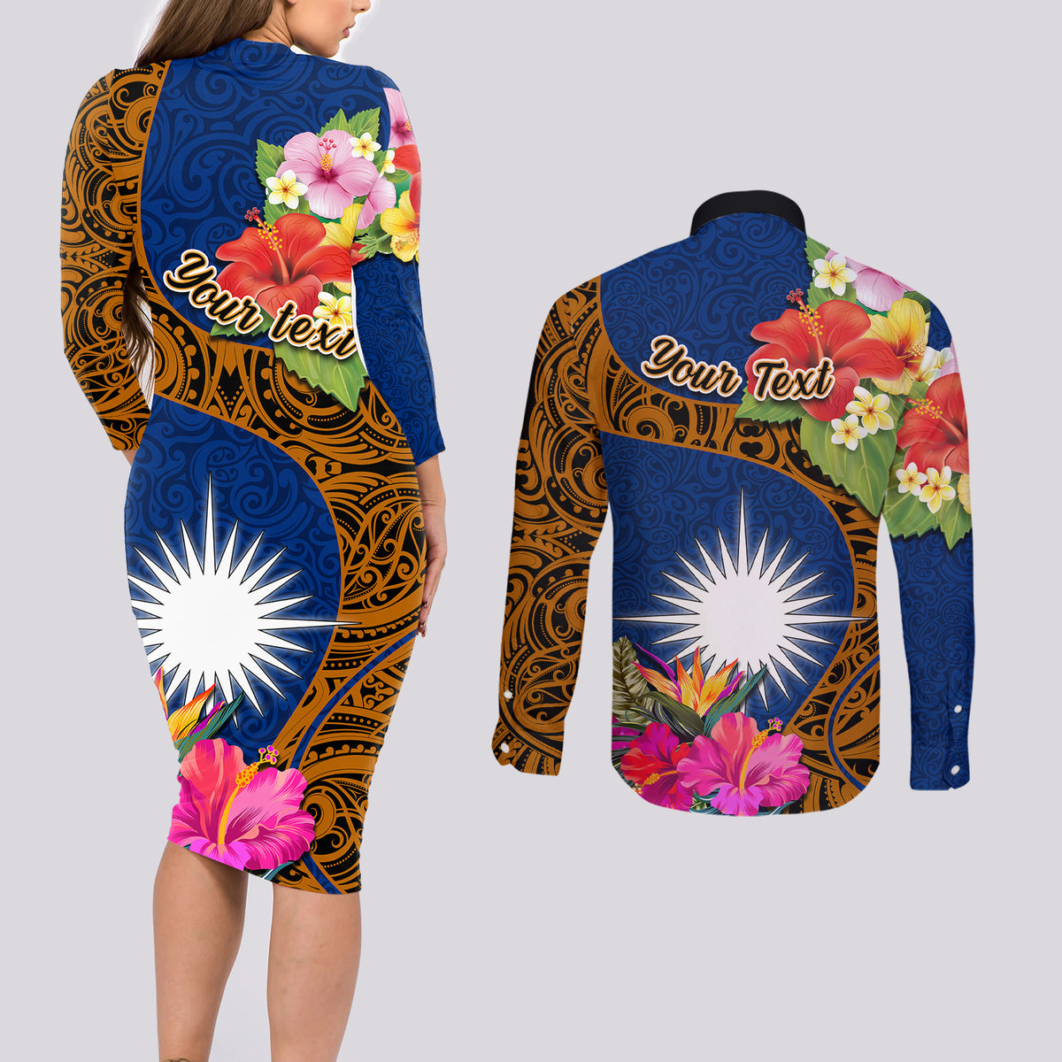 Personalised Marshall Islands Manit Day Couples Matching Long Sleeve Bodycon Dress and Long Sleeve Button Shirts Marshall Seal Mix Hibiscus Flower Maori Pattern Style LT03 - Polynesian Pride