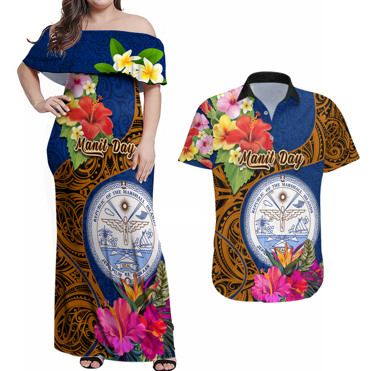 Personalised Marshall Islands Manit Day Couples Matching Off Shoulder Maxi Dress and Hawaiian Shirt Marshall Seal Mix Hibiscus Flower Maori Pattern Style LT03 Blue - Polynesian Pride