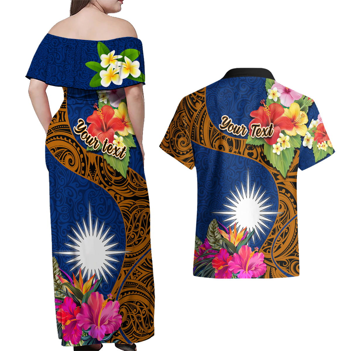 Personalised Marshall Islands Manit Day Couples Matching Off Shoulder Maxi Dress and Hawaiian Shirt Marshall Seal Mix Hibiscus Flower Maori Pattern Style LT03 - Polynesian Pride