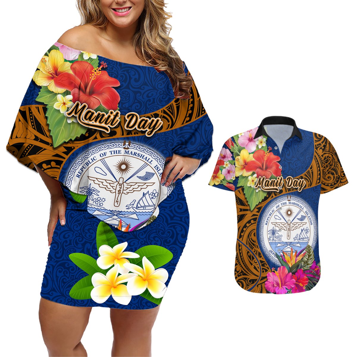 Personalised Marshall Islands Manit Day Couples Matching Off Shoulder Short Dress and Hawaiian Shirt Marshall Seal Mix Hibiscus Flower Maori Pattern Style LT03 Blue - Polynesian Pride