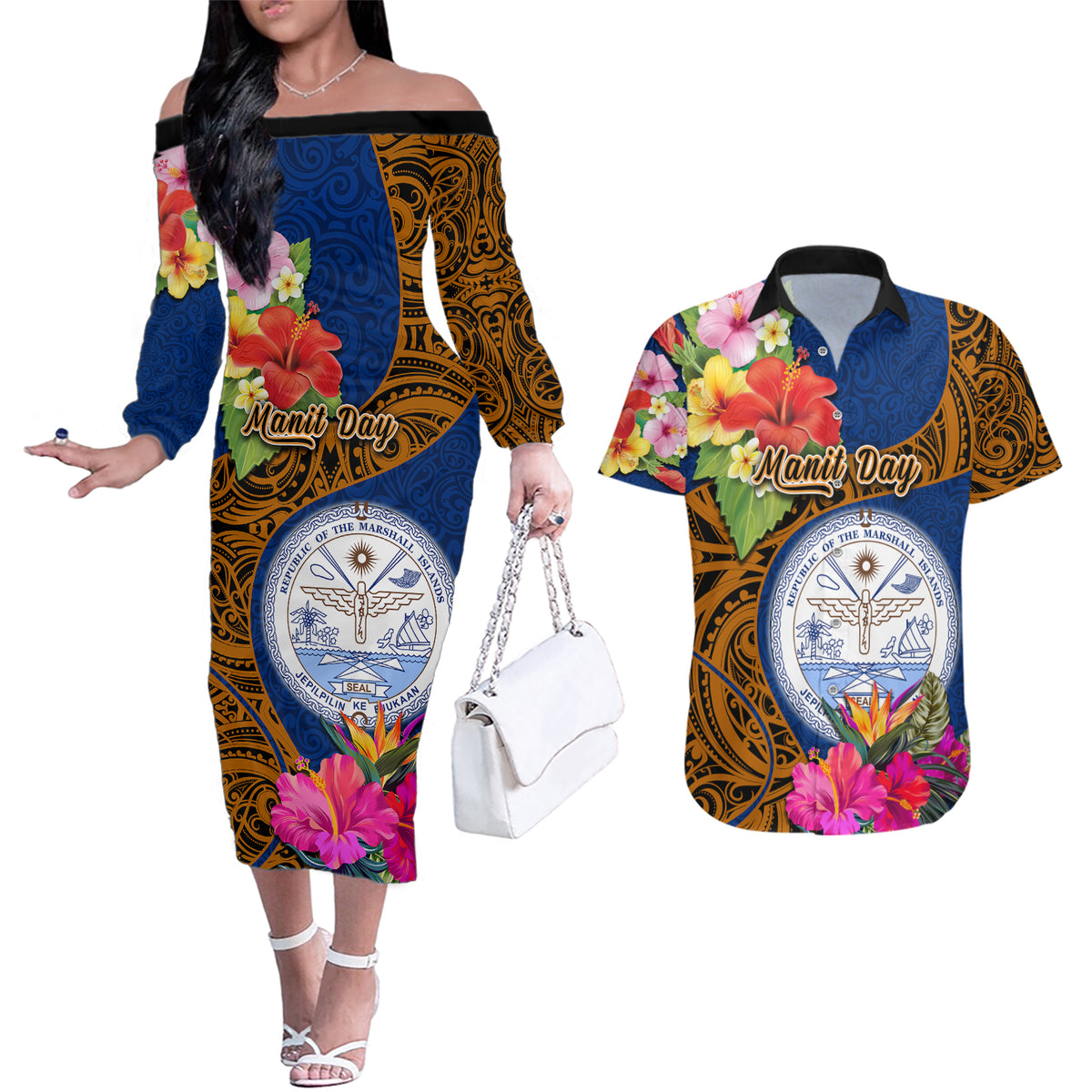 Personalised Marshall Islands Manit Day Couples Matching Off The Shoulder Long Sleeve Dress and Hawaiian Shirt Marshall Seal Mix Hibiscus Flower Maori Pattern Style LT03 Blue - Polynesian Pride