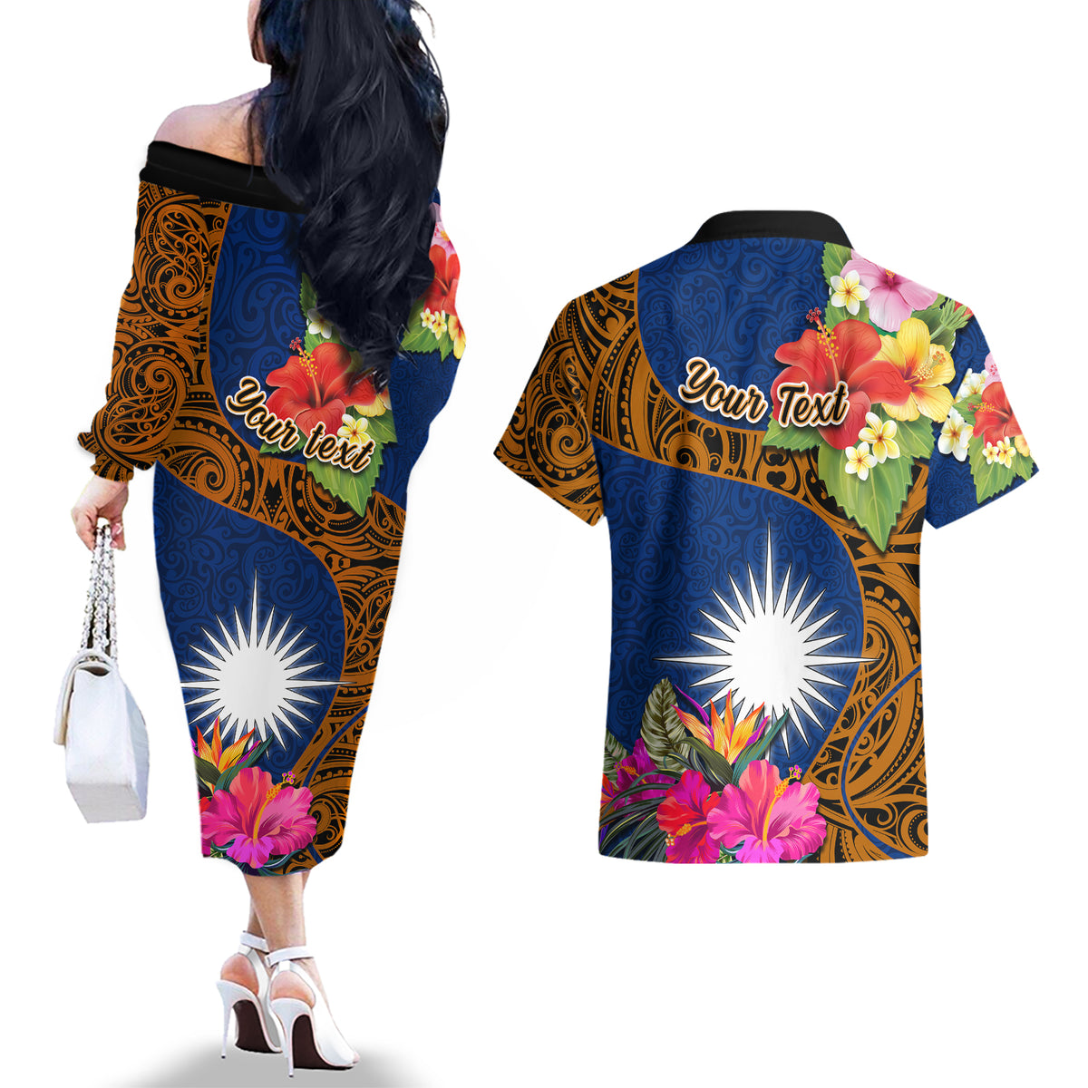 Personalised Marshall Islands Manit Day Couples Matching Off The Shoulder Long Sleeve Dress and Hawaiian Shirt Marshall Seal Mix Hibiscus Flower Maori Pattern Style LT03 - Polynesian Pride