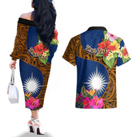 Personalised Marshall Islands Manit Day Couples Matching Off The Shoulder Long Sleeve Dress and Hawaiian Shirt Marshall Seal Mix Hibiscus Flower Maori Pattern Style LT03 - Polynesian Pride