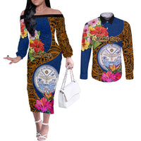 Personalised Marshall Islands Manit Day Couples Matching Off The Shoulder Long Sleeve Dress and Long Sleeve Button Shirts Marshall Seal Mix Hibiscus Flower Maori Pattern Style LT03 Blue - Polynesian Pride