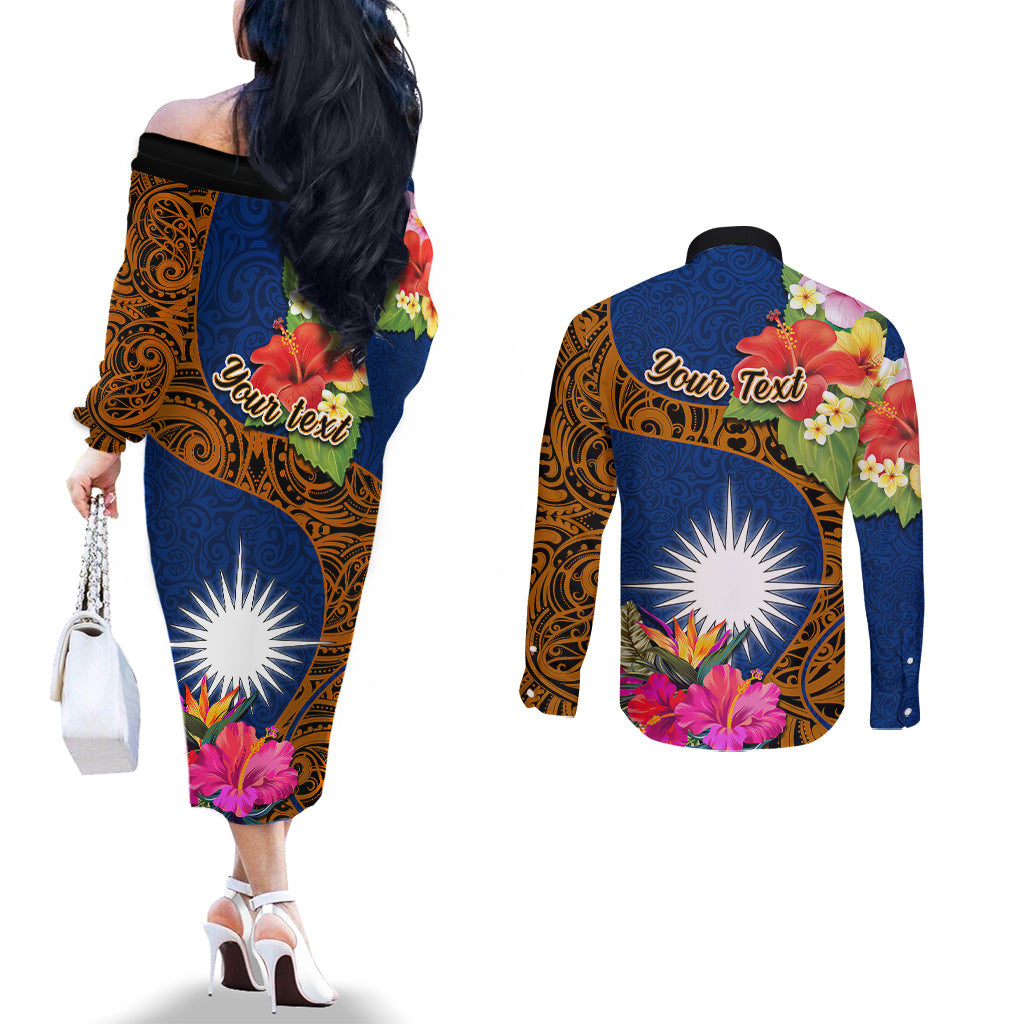 Personalised Marshall Islands Manit Day Couples Matching Off The Shoulder Long Sleeve Dress and Long Sleeve Button Shirts Marshall Seal Mix Hibiscus Flower Maori Pattern Style LT03 - Polynesian Pride