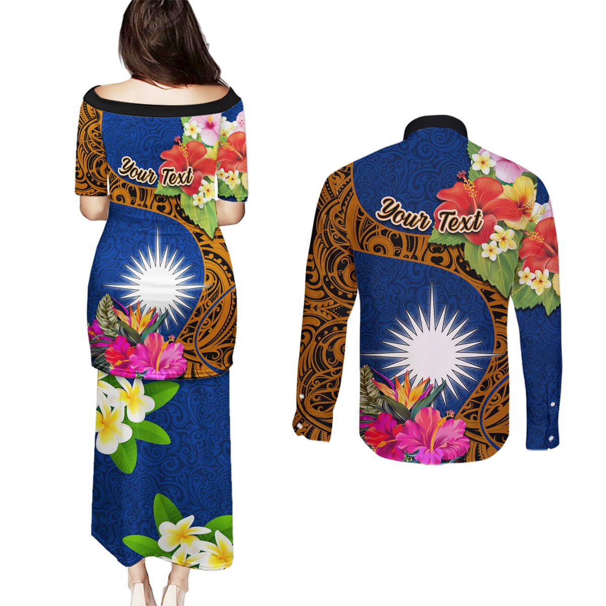 Personalised Marshall Islands Manit Day Couples Matching Puletasi Dress and Long Sleeve Button Shirts Marshall Seal Mix Hibiscus Flower Maori Pattern Style LT03 - Polynesian Pride