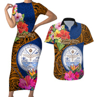Personalised Marshall Islands Manit Day Couples Matching Short Sleeve Bodycon Dress and Hawaiian Shirt Marshall Seal Mix Hibiscus Flower Maori Pattern Style LT03 Blue - Polynesian Pride