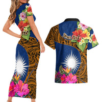 Personalised Marshall Islands Manit Day Couples Matching Short Sleeve Bodycon Dress and Hawaiian Shirt Marshall Seal Mix Hibiscus Flower Maori Pattern Style LT03 - Polynesian Pride