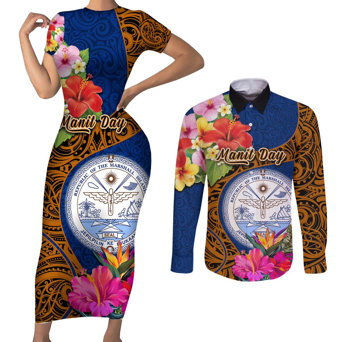 Personalised Marshall Islands Manit Day Couples Matching Short Sleeve Bodycon Dress and Long Sleeve Button Shirts Marshall Seal Mix Hibiscus Flower Maori Pattern Style LT03 Blue - Polynesian Pride