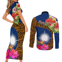 Personalised Marshall Islands Manit Day Couples Matching Short Sleeve Bodycon Dress and Long Sleeve Button Shirts Marshall Seal Mix Hibiscus Flower Maori Pattern Style LT03 - Polynesian Pride
