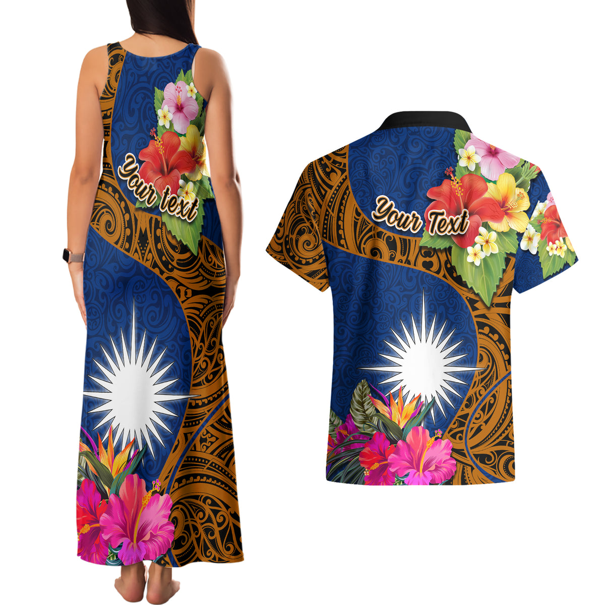 Personalised Marshall Islands Manit Day Couples Matching Tank Maxi Dress and Hawaiian Shirt Marshall Seal Mix Hibiscus Flower Maori Pattern Style LT03 - Polynesian Pride