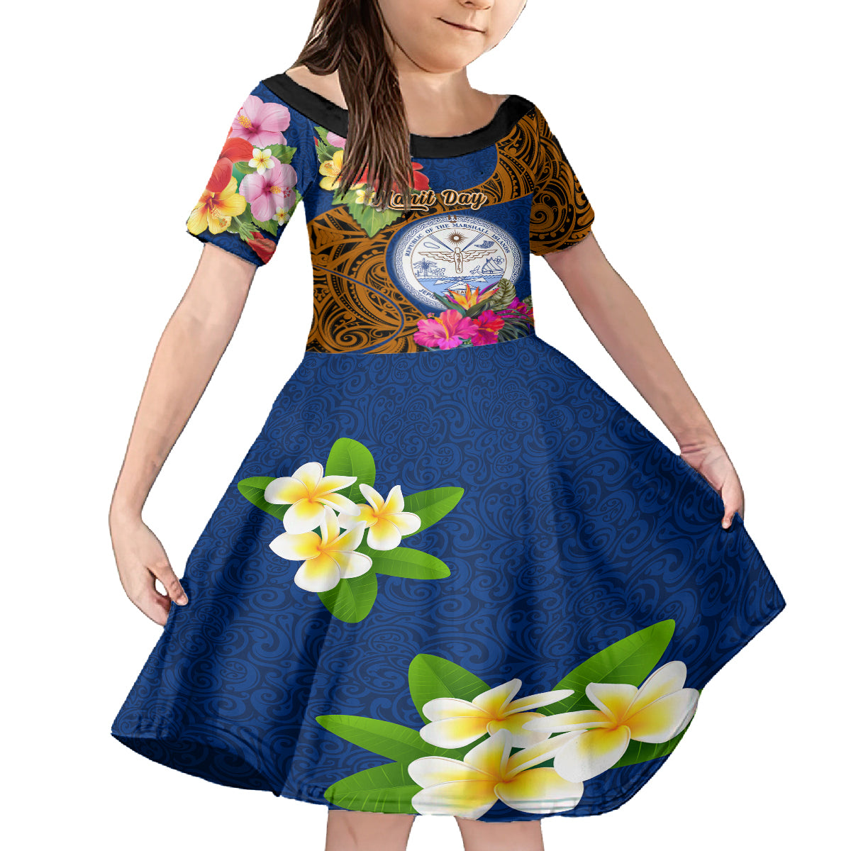 Personalised Marshall Islands Manit Day Family Matching Long Sleeve Bodycon Dress and Hawaiian Shirt Marshall Seal Mix Hibiscus Flower Maori Pattern Style LT03 Daughter's Dress Blue - Polynesian Pride