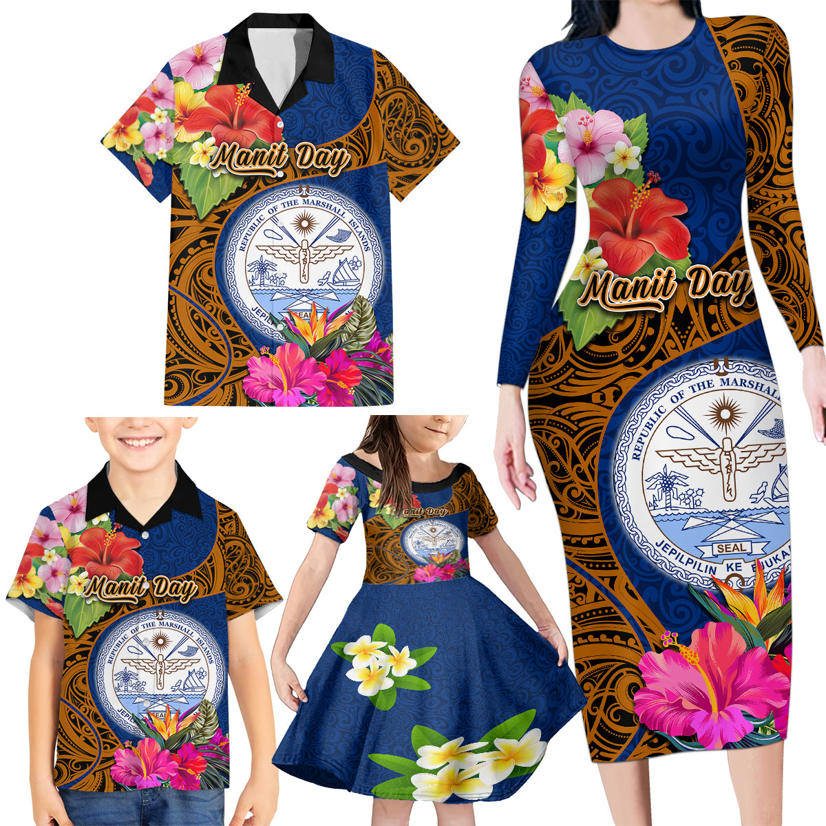 Personalised Marshall Islands Manit Day Family Matching Long Sleeve Bodycon Dress and Hawaiian Shirt Marshall Seal Mix Hibiscus Flower Maori Pattern Style LT03 - Polynesian Pride
