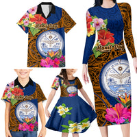 Personalised Marshall Islands Manit Day Family Matching Long Sleeve Bodycon Dress and Hawaiian Shirt Marshall Seal Mix Hibiscus Flower Maori Pattern Style LT03 - Polynesian Pride