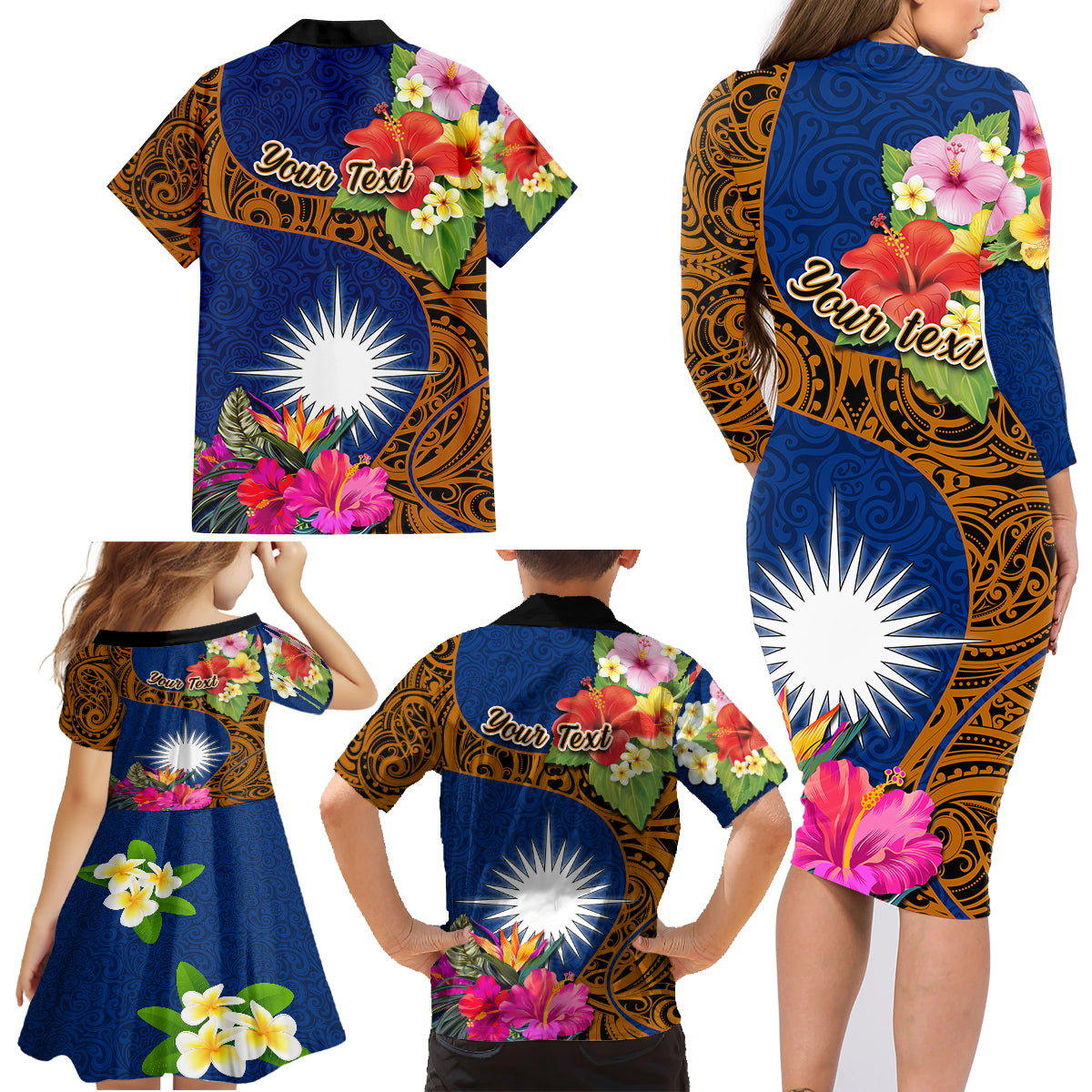 Personalised Marshall Islands Manit Day Family Matching Long Sleeve Bodycon Dress and Hawaiian Shirt Marshall Seal Mix Hibiscus Flower Maori Pattern Style LT03 - Polynesian Pride