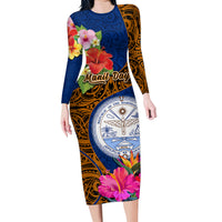 Personalised Marshall Islands Manit Day Family Matching Long Sleeve Bodycon Dress and Hawaiian Shirt Marshall Seal Mix Hibiscus Flower Maori Pattern Style LT03 Mom's Dress Blue - Polynesian Pride
