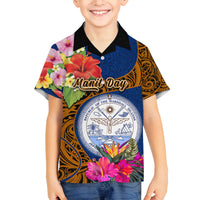 Personalised Marshall Islands Manit Day Family Matching Long Sleeve Bodycon Dress and Hawaiian Shirt Marshall Seal Mix Hibiscus Flower Maori Pattern Style LT03 Son's Shirt Blue - Polynesian Pride