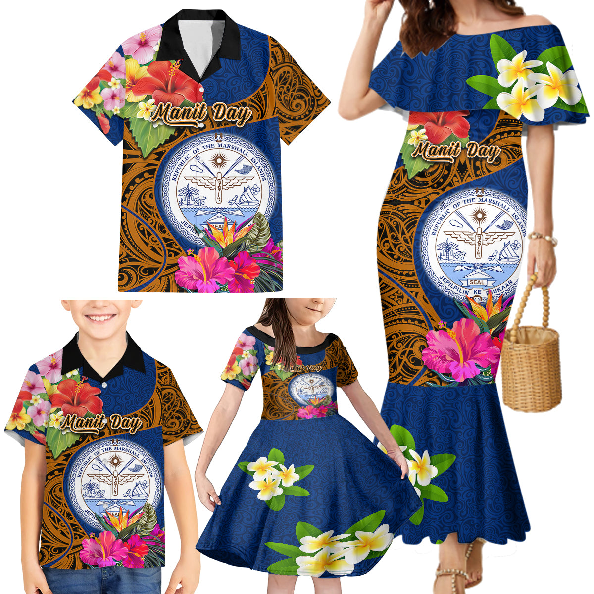 Personalised Marshall Islands Manit Day Family Matching Mermaid Dress and Hawaiian Shirt Marshall Seal Mix Hibiscus Flower Maori Pattern Style LT03 - Polynesian Pride