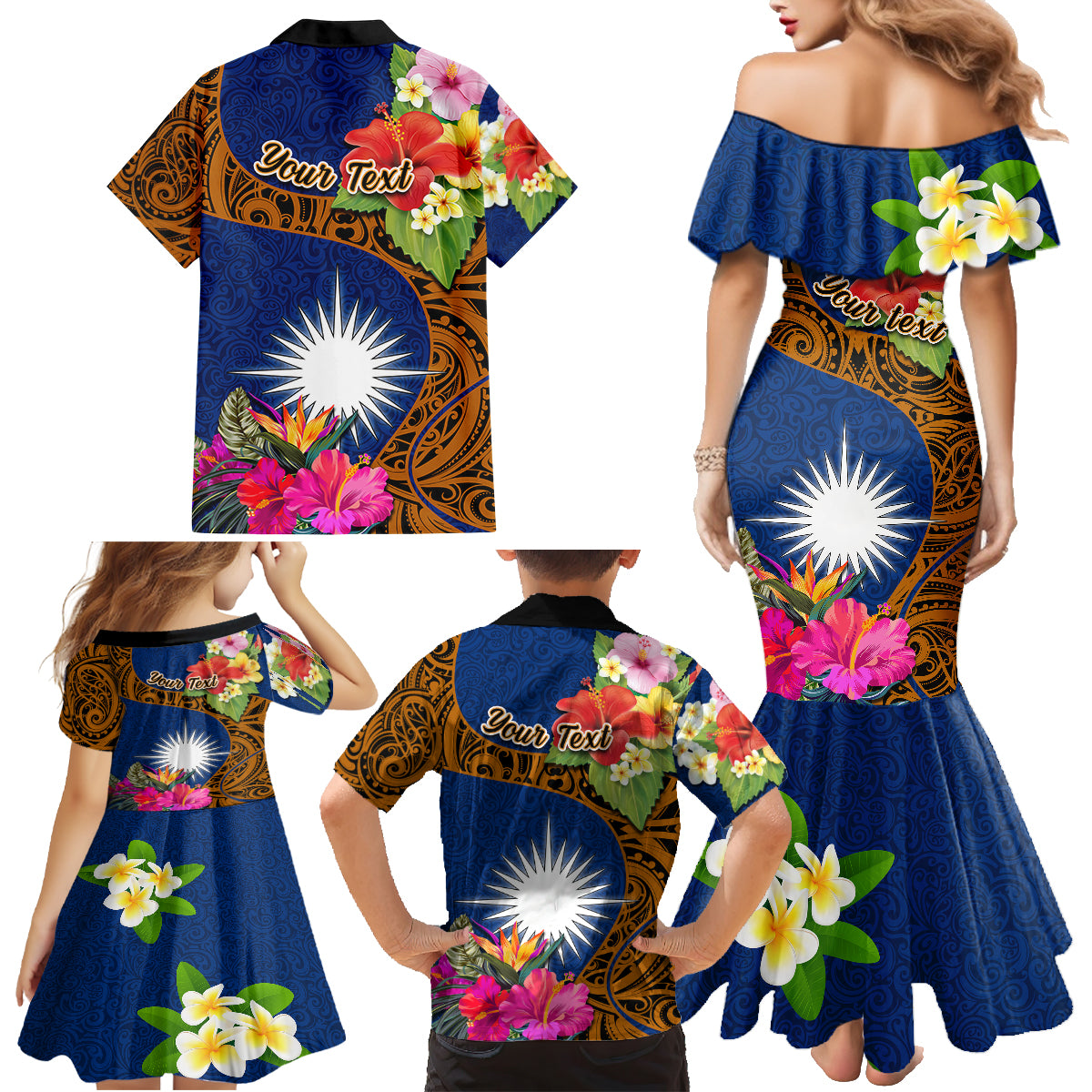 Personalised Marshall Islands Manit Day Family Matching Mermaid Dress and Hawaiian Shirt Marshall Seal Mix Hibiscus Flower Maori Pattern Style LT03 - Polynesian Pride