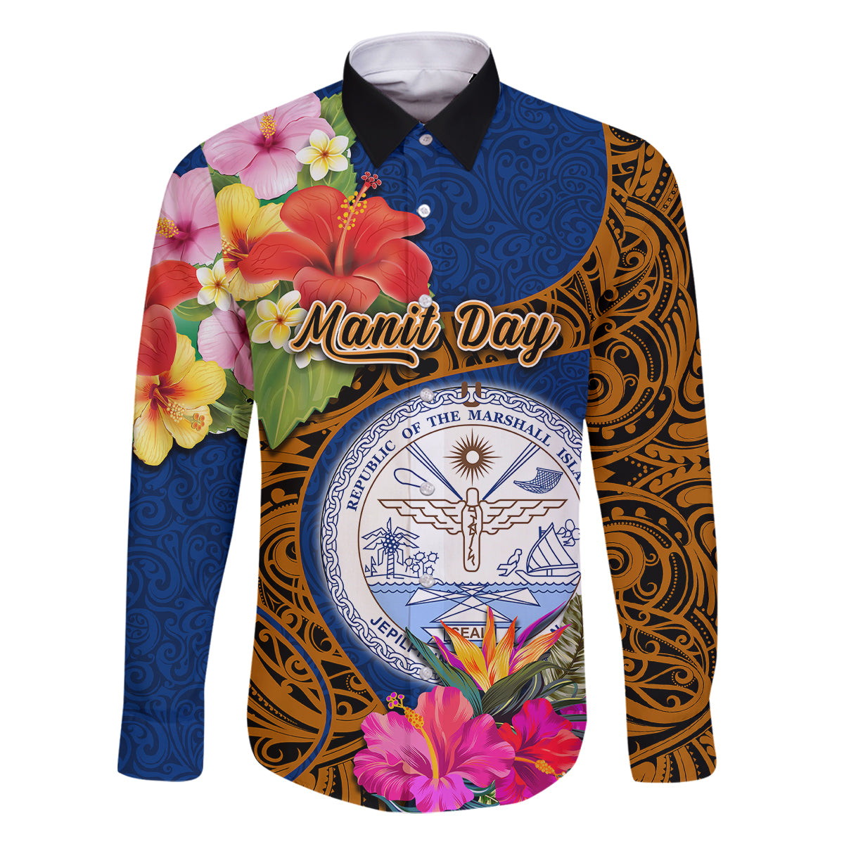 Personalised Marshall Islands Manit Day Family Matching Off Shoulder Maxi Dress and Hawaiian Shirt Marshall Seal Mix Hibiscus Flower Maori Pattern Style LT03 Dad's Shirt - Long Sleeve Blue - Polynesian Pride